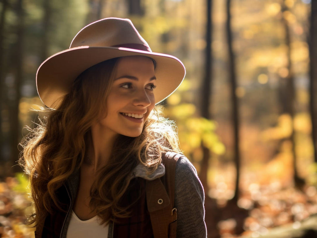 Nature photography capturing a hiking woman wearing an Agnoulita felt fedora, trekking through a forest trail. Sunlight filters through the trees, casting a warm glow on the colorful fall leaves scattered along the path.