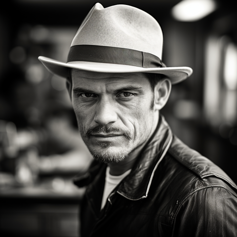 Portrait of a man in an Agnoulita center-creased felt fedora, captured in a barber shop. The barber is blurred in the background, creating focus on the man. The black and white photo adds a classic touch, and the high depth of field highlights the details.