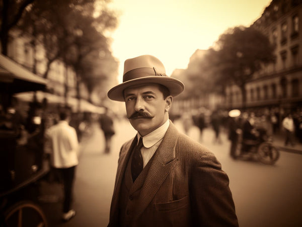 Sephia-toned photograph from 1910 Paris, featuring a suave gentleman in a felt fedora, monocle, and thin mustache. The golden hour lighting enhances the timeless charm. The scene is set on a busy boulevard with horse-drawn carriages, boutiques, and boulangeries