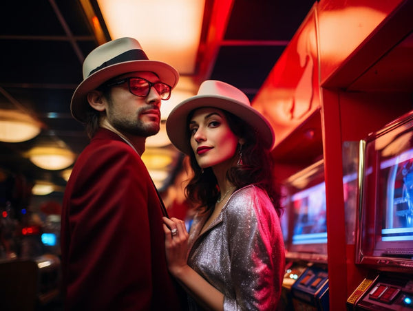 Stylish couple donning felt fedora hats with snap brims, immersed in a retro diner atmosphere. The scene features a glowing neon sign, a classic jukebox, and vibrant indoor lighting, evoking a timeless and lively ambiance.