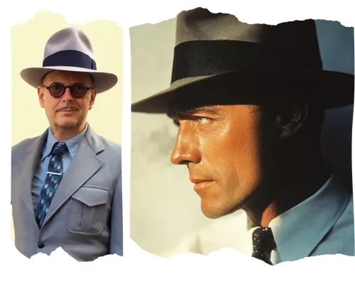 Collage de deux photographies de portrait aux bords irréguliers déchirés. Le panneau de gauche montre une vue de face d'une personne portant un fedora beige avec un bandeau foncé, des lunettes rondes en écaille, une veste de costume gris-bleu, une chemise bleu clair et une cravate marine à motifs sur un fond jaune pâle. Le panneau de droite présente un profil d'une personne en fedora noir avec un bandeau foncé, une chemise bleu clair et une cravate bolo noire avec un ornement, photographiée dans un style cinématographique avec un éclairage doux.