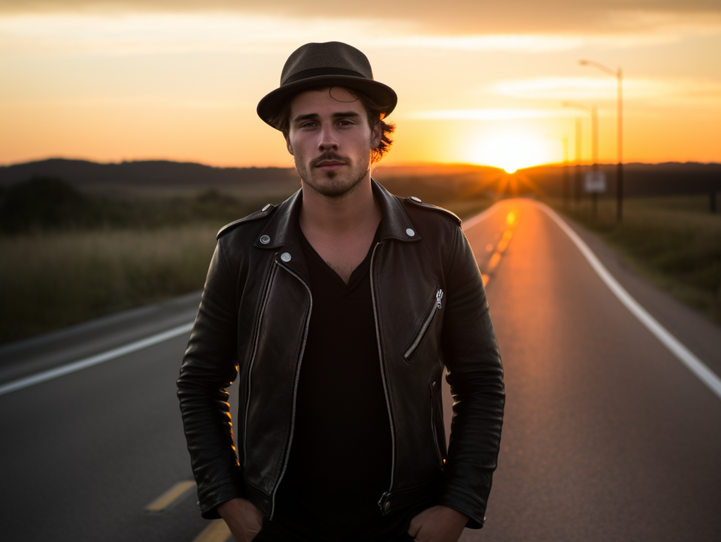 Young man exuding rugged style, dressed in a biker jacket and wearing a trilby hat with a narrow brim, captured against a highway background during a stunning sunset. The leading lines of the highway add depth to the image, complementing the adventurous spirit of the rugged biker.