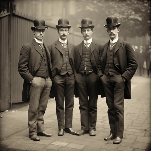 Black and white photo from the 1900s featuring men in bowler hats, capturing the style of that era