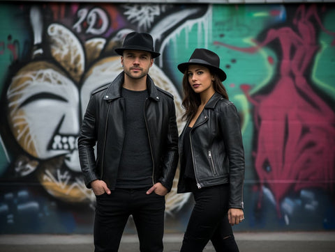 Diverse pair of individuals wearing matching black fedoras and leather jackets, captured against a street backdrop with graffiti walls. The overcast lighting adds a moody ambiance, while leading lines draw the eye towards the subjects