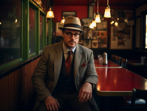 Man wearing a felt fedora with a center-dent crown and eyeglasses, seated in a diner setting. The vintage color grading enhances the nostalgic vibe, captured in a top-down angle shot with low light conditions. The image features elements of symmetry with bar stools.