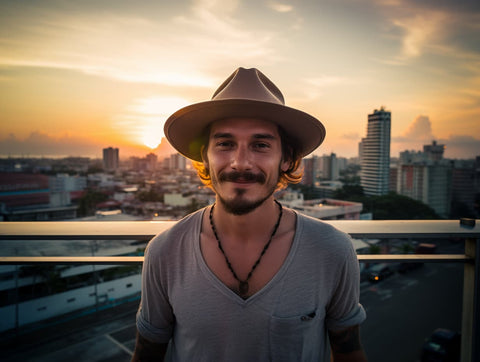 Hipster man with a stylish fedora hat featuring a center-dent crown 4 1/2 inches high and a wide brim, captured on a city rooftop setting. The image showcases beautiful sunset colors and a birds-eye view