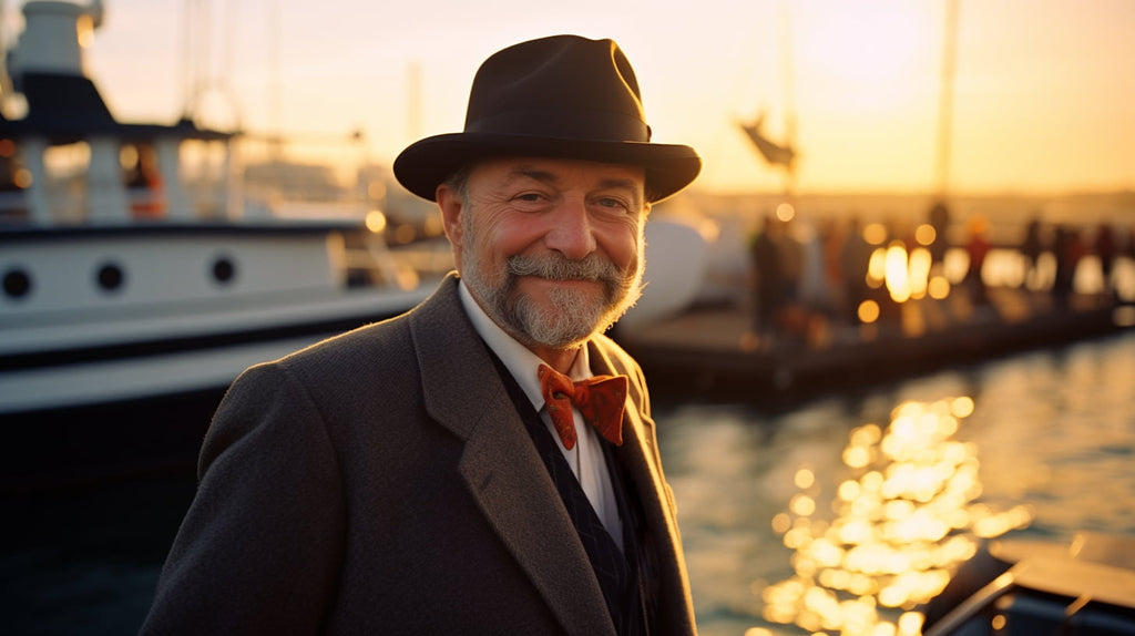 Man wearing a Homburg hat, standing on a wooden pier at the beach during sunset, with the calm sea in the background.