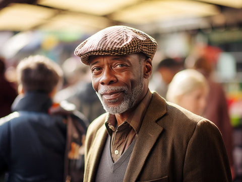 Man wearing a flat cap, surrounded by a lively crowd in an outdoor market setting. The overhead afternoon light enhances the vibrant colors and energetic mood of the scene, captured in a wide-angle view