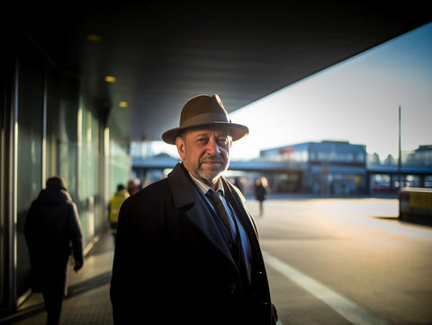 Man wearing a felt fedora hat, set against the backdrop of a city bus station during early morning light. The image features a monochromatic color scheme, enhancing the urban atmosphere.