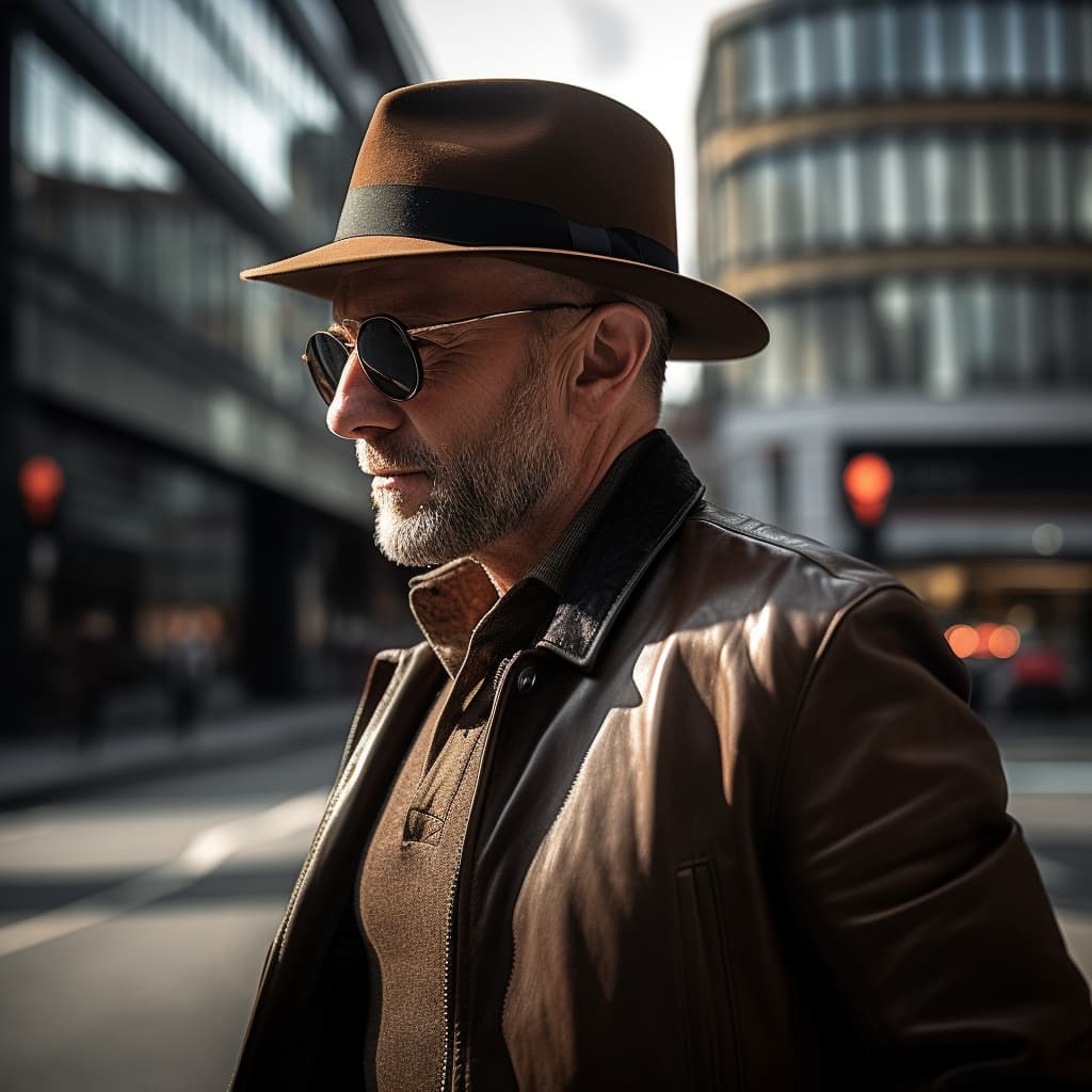 Medium-aged man in an Agnoulita brown leather jacket and an Agnoulita felt fedora, standing in the city center during golden hour