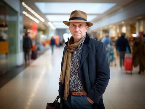 Mid-aged man wearing a felt hat with a turned-up brim, carrying shopping bags, walking on tile-patterned mall flooring. The image is illuminated by natural lighting, with a depth of field effect that enhances the focal point, following the rule of thirds composition