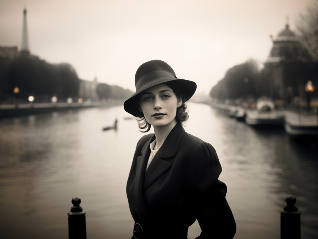 Black and white photo reminiscent of the early 20th century, featuring an elegant woman in a Fedora hat and red lipstick. She exudes confidence with a poised gaze. The scene is set along the riverbanks of the Seine, adorned with ornate bridges and lazily floating boats. Street lamps are starting to light up, adding to the timeless ambiance.