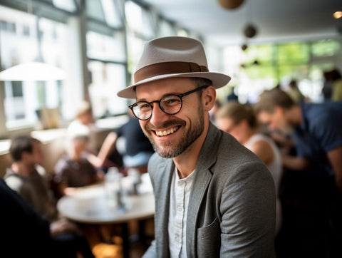 Smiling man wearing a gray felt trilby hat with a pinch-front crown and narrow brim, captured in a candid moment at a crowded café. The image features a background with neutral colors and is illuminated by soft natural light.