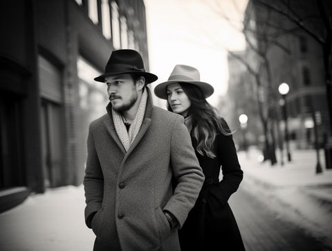 Young couple wearing fedoras and winter coats, strolling down a snow-covered street with a monochromatic color scheme. The early evening light creates a warm glow, while leading lines draw the viewer's gaze along the snowy path