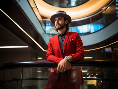 Man wearing a red jacket and a fedora hat, with a wrist watch, captured in motion blur on an escalator. The image features cool tones and fluorescent lighting, taken from a low angle with a centered composition