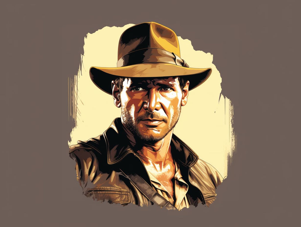 Painting depicting Indiana Jones in his signature fedora hat, capturing the adventurous spirit and iconic image of the legendary archaeologist and adventurer.