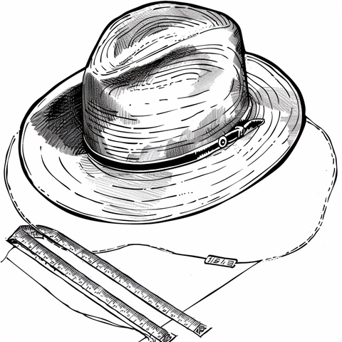 Illustration of a wide-brimmed hat placed next to a measuring tape and a piece of string, emphasizing the tools used to measure head size accurately