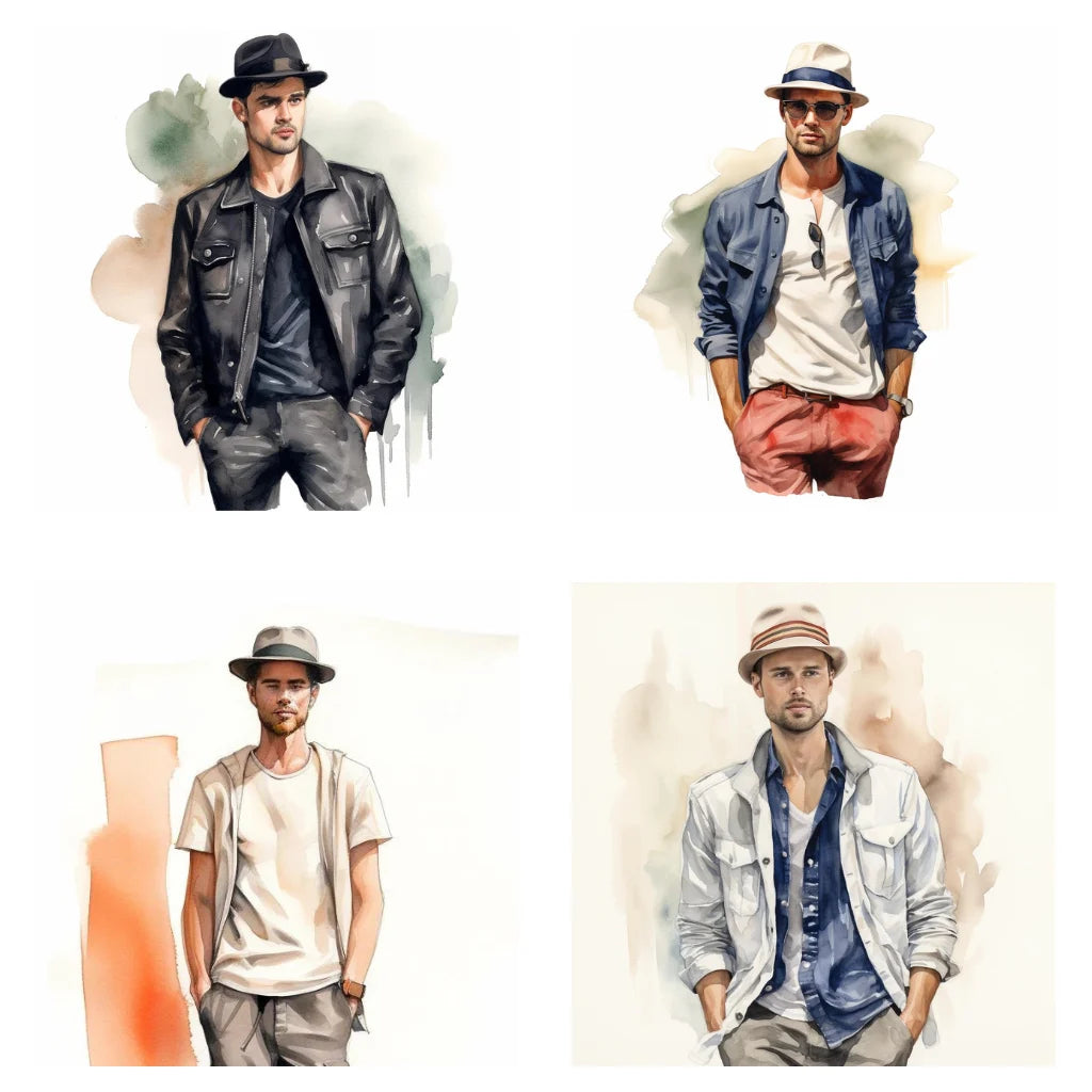 Four watercolor illustrations of a man wearing trilby hats paired with casual attire including a leather jacket, denim shirt, white tee, and layered shirt.