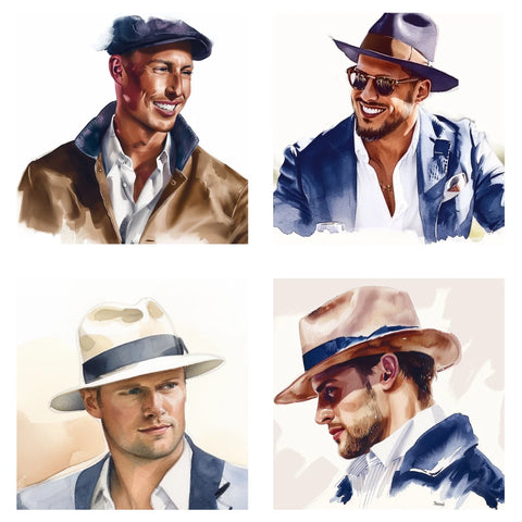 Quartet of watercolor portraits showcasing men in fashionable hats, each exuding unique charm and style.