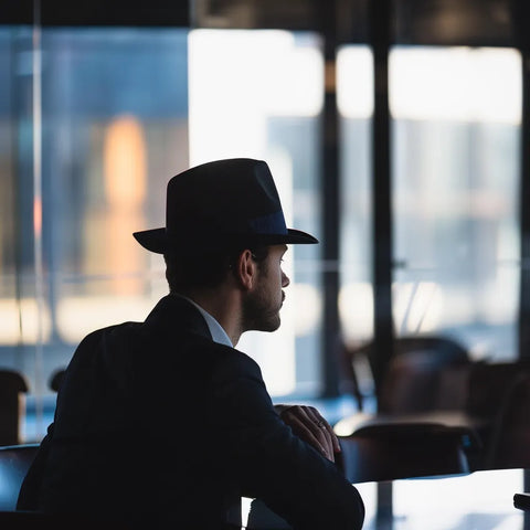Silhouette of a stylish man in a sharp suit and fedora, seated contemplatively in a modern office setting.