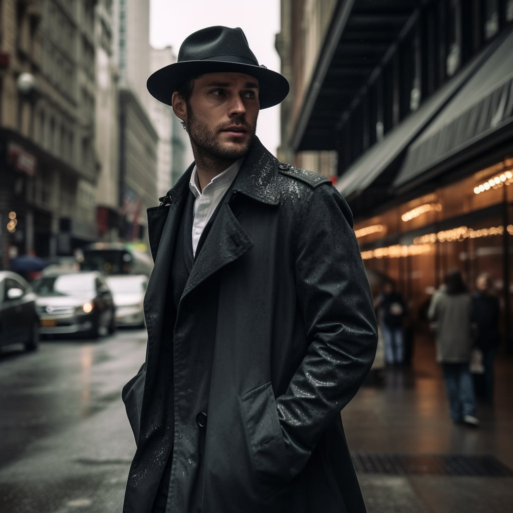 Man wearing a trench coat and an Agnoulita fedora with a center crease crown, captured on a rainy city street. The image is imbued with cool tones and noir style, evoking a sense of mystery and classic sophistication.