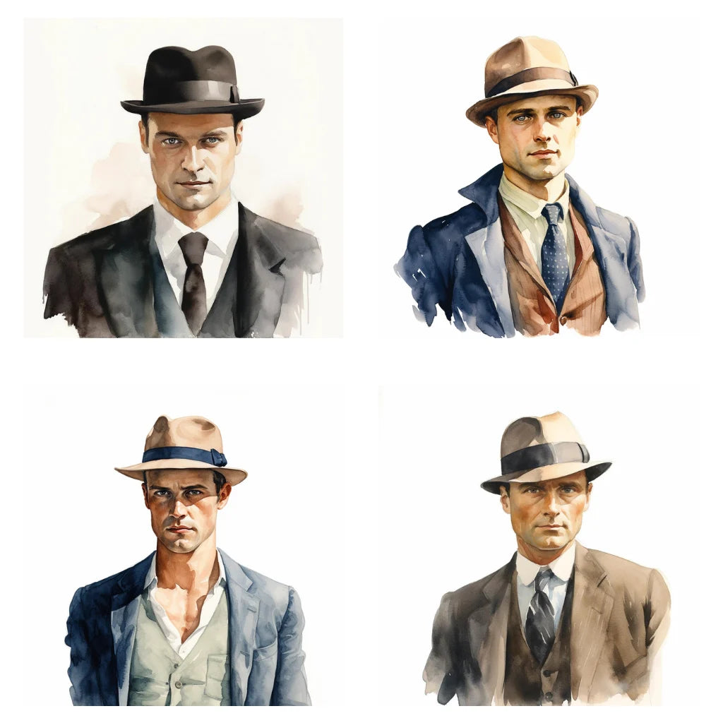 Four watercolor illustrations of a modern gentleman in trilby hats and suits with varying colors