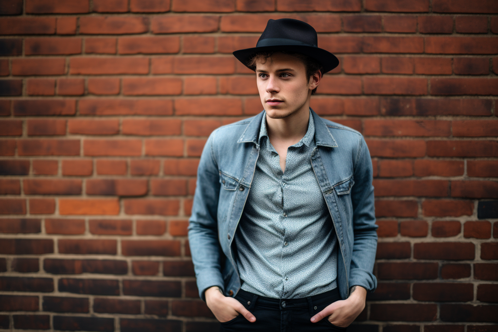 Young man with a stylish vibe, wearing a felt fedora hat adorned with a narrow black grosgrain ribbon, and a denim jacket, set against an urban brick wall background.