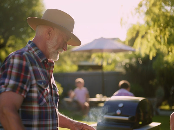 Senior man in a fedora and plaid shirt smiling as he grills, with a sunlit garden and family in the background