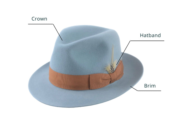 Close-up view of a light blue trilby hat, highlighting its three main features: the crown, the hatband adorned with a feather accent, and the brim.