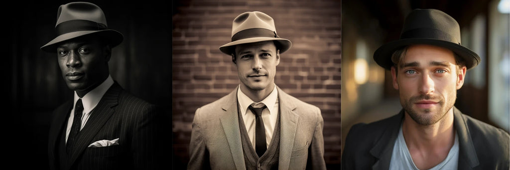 Three portraits of men in vintage attire, each donning a trilby hat: a dark-suited man with a gray trilby, a man in a light suit against a brick wall with a tan trilby, and a man in a casual jacket with a black trilby