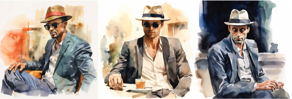 Three watercolor portraits of men in trilby hats, each exuding a distinct mood against abstract backgrounds