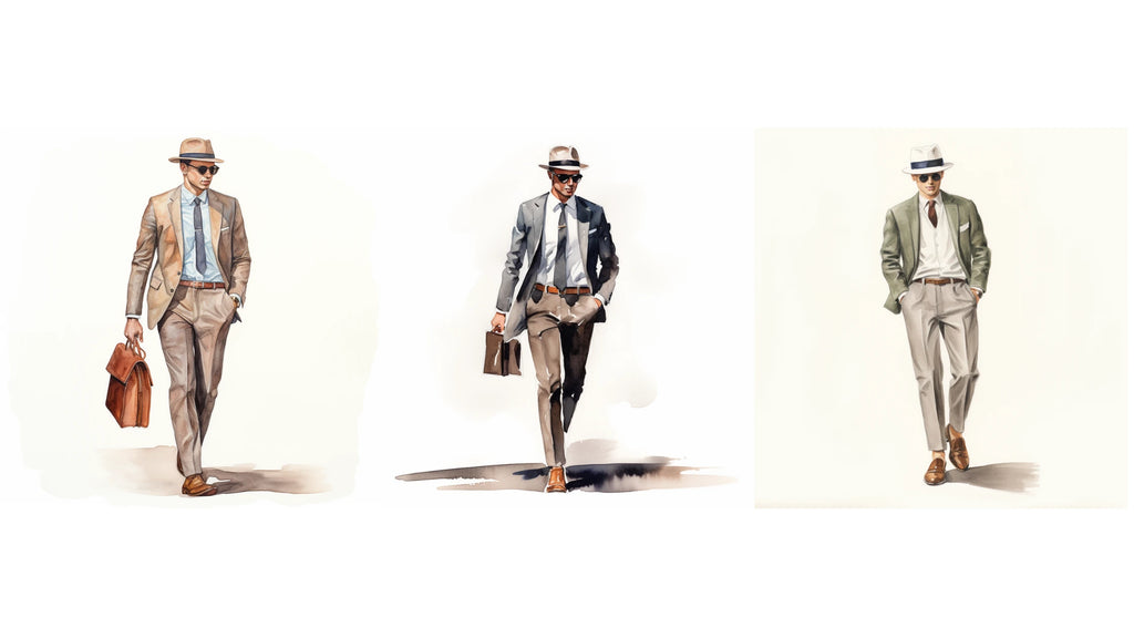 Three watercolor illustrations of a dapper man in suits and fedoras, embodying classic style and sophistication.