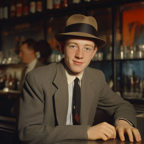 A confident young man in a grey suit sitting at a bar, adorned with a tan trilby hat, with shelves of assorted bottles in the background.