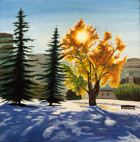 "October Chill", acrylic landscape painting of fall leaves and snow in Calgary