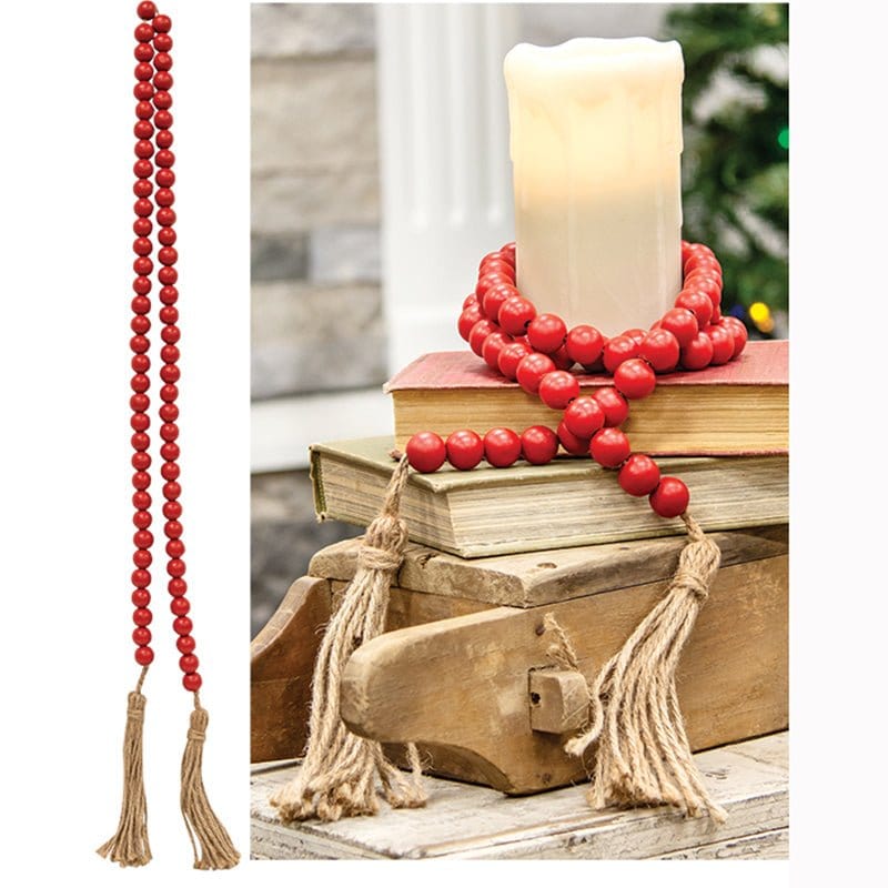 Jlong Wood Beads Garland, Rustic Red Pink Wood Bead with Jute Rope