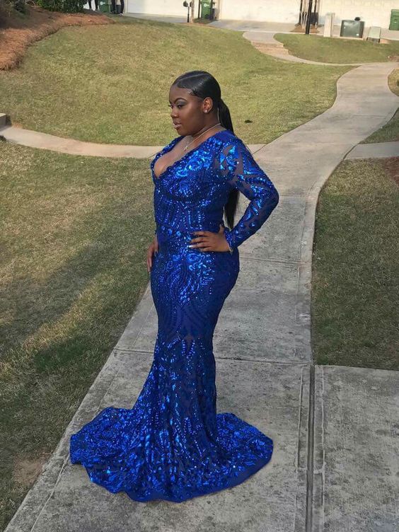 Blue Prom Dress 2023 Black Girls Slay V Neck Sequin Long Sleeves – DCdress