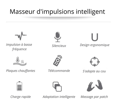 Notre masseur cervical ElecMassage™ soulage les douleurs cervicales, la tension musculaire, le mal de dos, réduit le stress, les migraines chroniques et améliore le sommeil. Il se développe avec chauffage, 4 modes d'impulsion, 15 réglages d'intensité. Design ergonomique, portable et tendance afin de pouvoir l'utiliser où bon vous semble : maison, bureau ou en voiture.