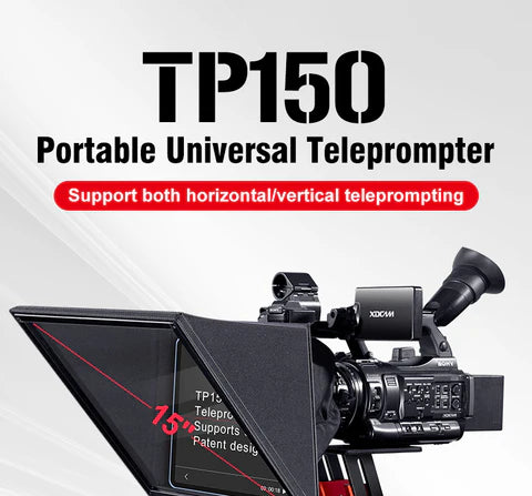 An image of a Desview TP150 Portable Universal Teleprompter on a camera, with text "TP150" and "Portable Universal Teleprompter" at the top, supporting both horizontal and vertical teleprompting, and a screen displaying text.