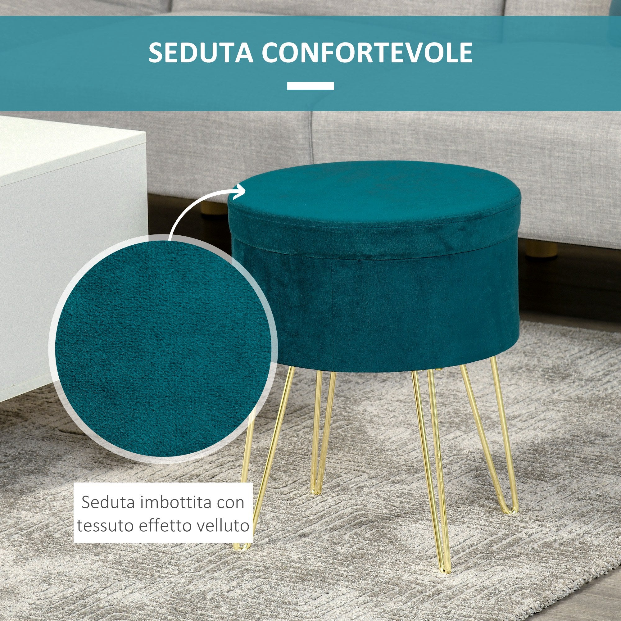 Pouf in velluto verde piedi oro