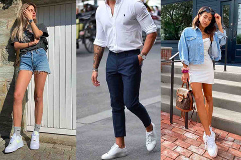 3 individuals wearing white sneakers with different outfits on a street background