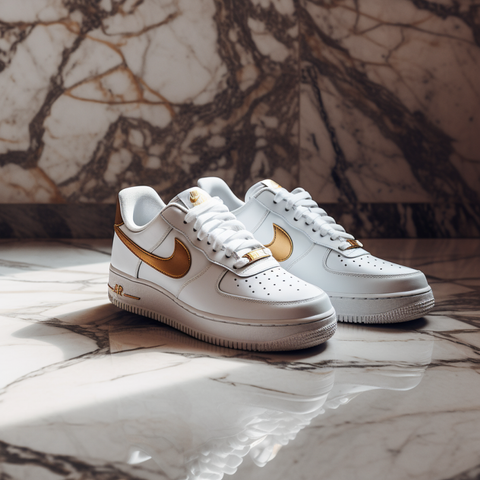 Nike air force gold custom pair with a white and gold marble background