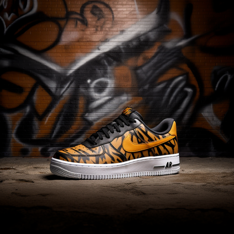 Custom nike air force 1 with a black and orange pattern