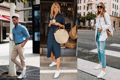 Matching white sneakers with simple outfits. Picture has 3 individuals wearing sharp and nice clothes while also having white shoes to match the outfit on a street background