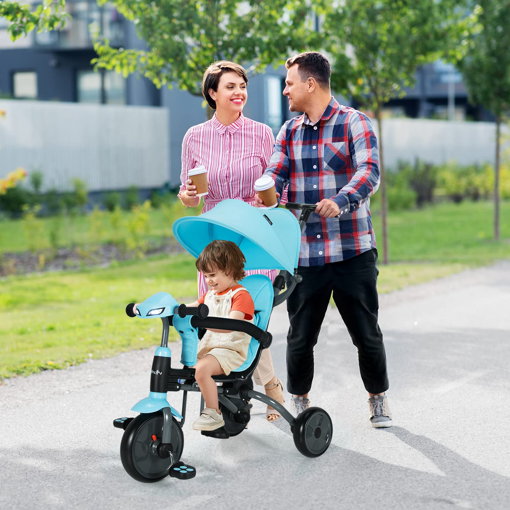  BABY JOY Toddler Tricycle, 7 in 1 Folding Steer Trike  w/Rotatable Seat, Adjustable Canopy, Push Handle, Guardrail, Safety  Harness, Brakes, Cup Holder & Storage, Tricycle for Toddlers Ages 1.5-5  (Blue) 