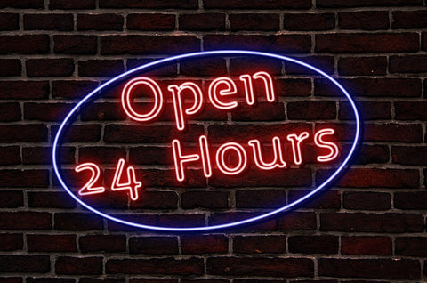 neon sign that reads open 24 hours