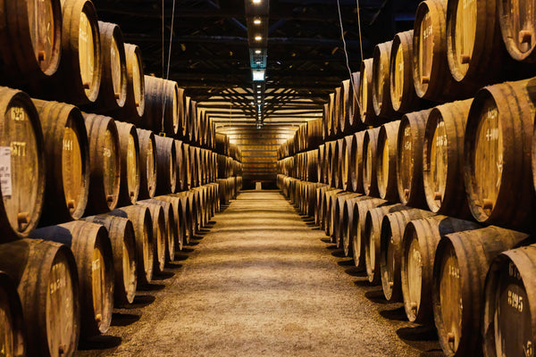 rows of tequila barrels