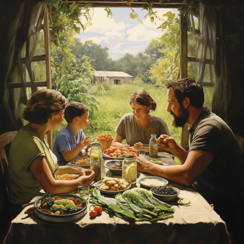 a family enjoying a meal of homegrown food