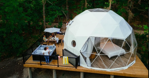 professional geodesic dome deck and building with hot tub