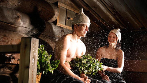 couple wearing sauna hat for safety