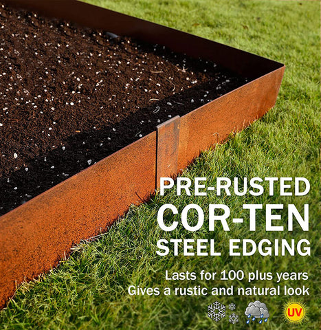 Worth Garden 3-Pack Pre-Rusted Cor-Ten Steel Landscape Edging - 40" L x 5.5" H Steel Strips - No-Dig Hammer-in Heavy Duty 14-Gauge Metal Corten Edging Border (10Ft Total) - 4 Clips & Gloves Included